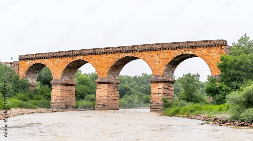 Ancient Stone Arch Bridge Over Calm River, Lush Green Vegetation Ancient Stone Arch Bridge Over Calm River, Lush Green Vegetation