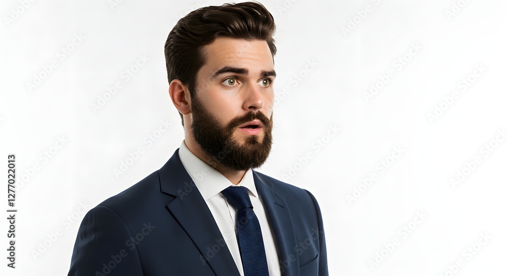 A handsome happy man wearing a full business suit, surprised face, isolated on a white background, side copy space A handsome happy man wearing a full business suit, surprised face, isolated on a white background, side copy space