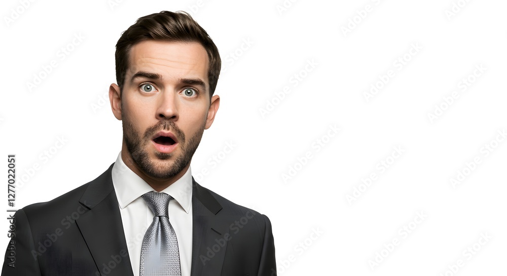 A handsome happy man wearing a full business suit, surprised face, isolated on a white background, side copy space A handsome happy man wearing a full business suit, surprised face, isolated on a white background, side copy space