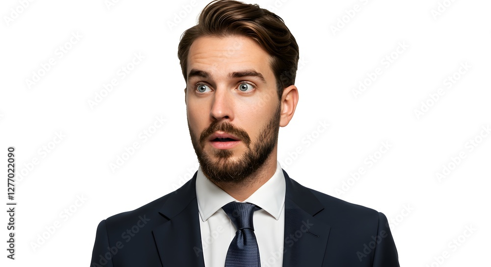 A handsome happy man wearing a full business suit, surprised face, isolated on a white background, side copy space A handsome happy man wearing a full business suit, surprised face, isolated on a white background, side copy space