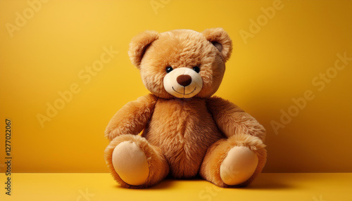 A plush brown teddy bear sits upright against a bright yellow background, casting a soft shadow and evoking a sense of childlike comfort.