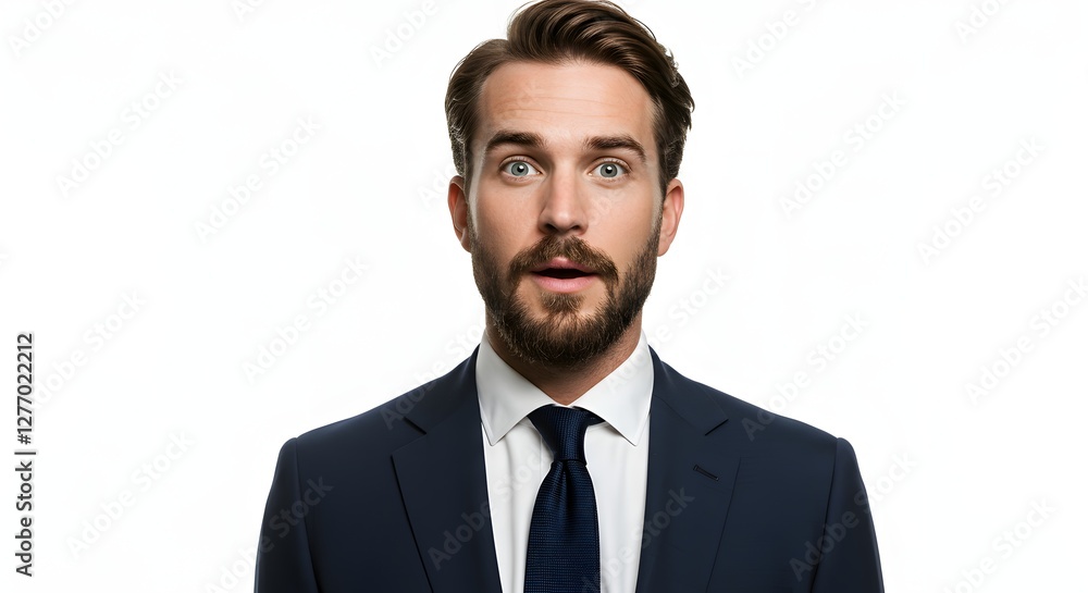 A handsome happy man wearing a full business suit, surprised face, isolated on a white background, side copy space A handsome happy man wearing a full business suit, surprised face, isolated on a white background, side copy space