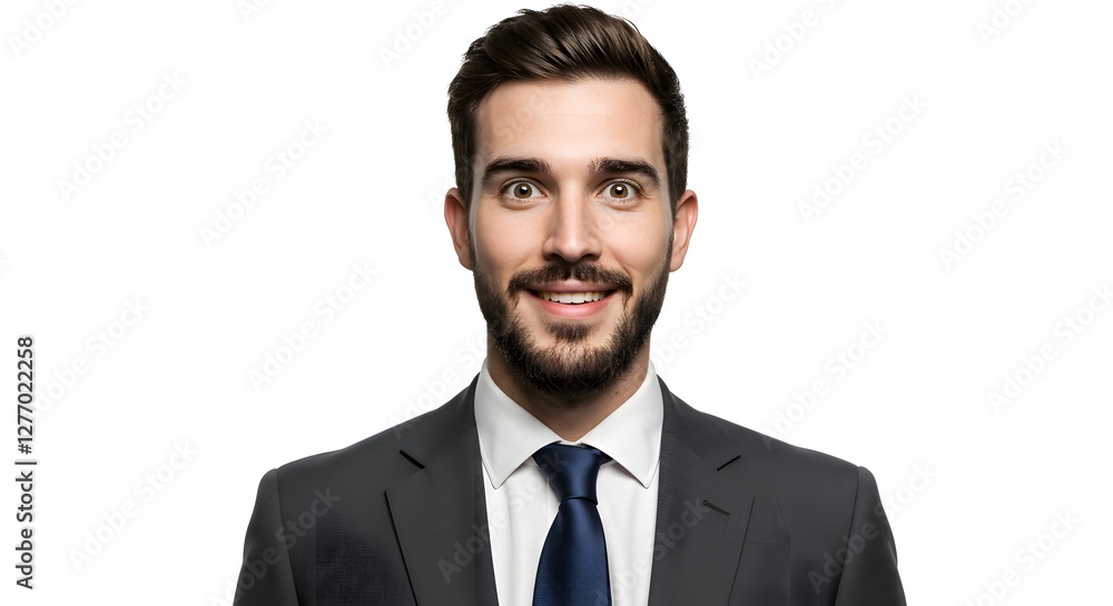 A handsome happy man wearing a full business suit, surprised face, isolated on a white background, side copy space A handsome happy man wearing a full business suit, surprised face, isolated on a white background, side copy space