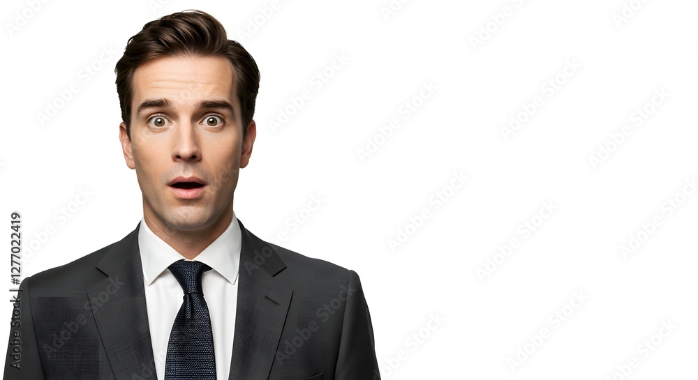 A handsome happy man wearing a full business suit, surprised face, isolated on a white background, side copy space A handsome happy man wearing a full business suit, surprised face, isolated on a white background, side copy space