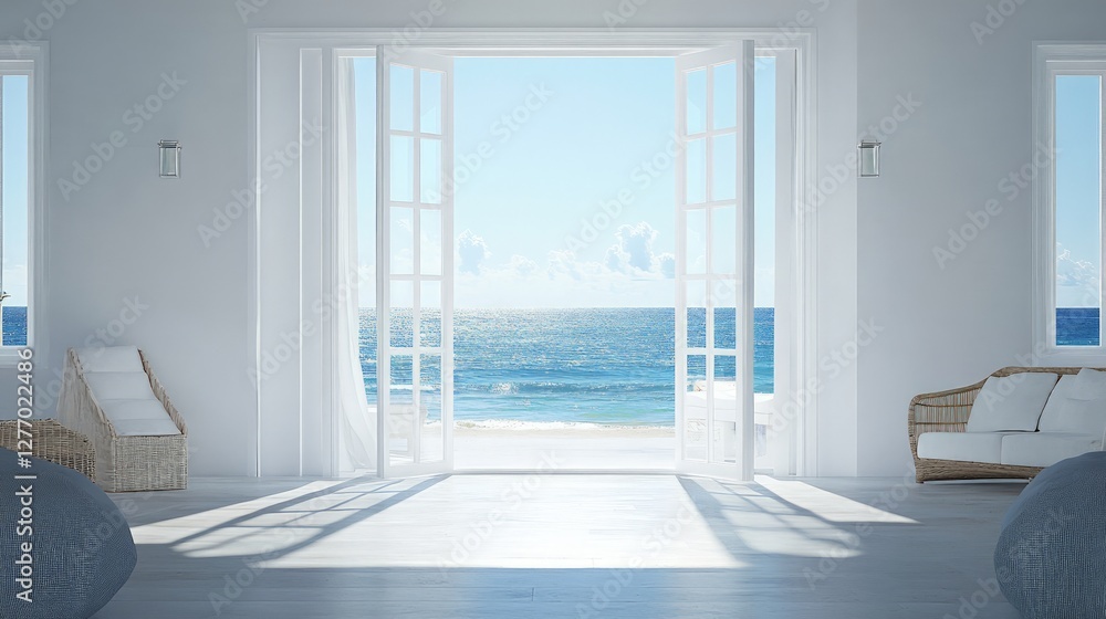 Fototapeta premium Serene Beach View Through Open Doors in Modern Coastal Living Space