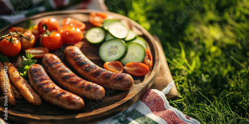 Grilled sausages with vegetables on wooden tray enjoying summer picnic on grass