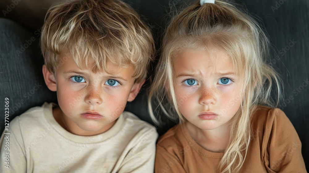 Two young siblings display serious expressions, capturing a moment filled with emotion and curiosity, framed by their soft, earthy-toned clothing. Two young siblings display serious expressions, capturing a moment filled with emotion and curiosity, framed by their soft, earthy-toned clothing.