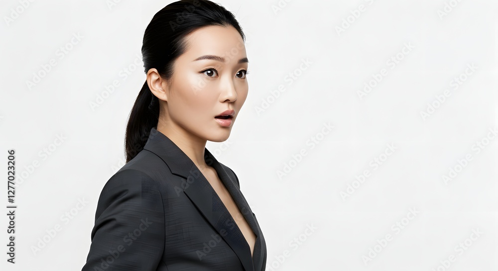 A beautiful happy woman wearing a full business suit, surprised face, isolated on a white background, side copy space