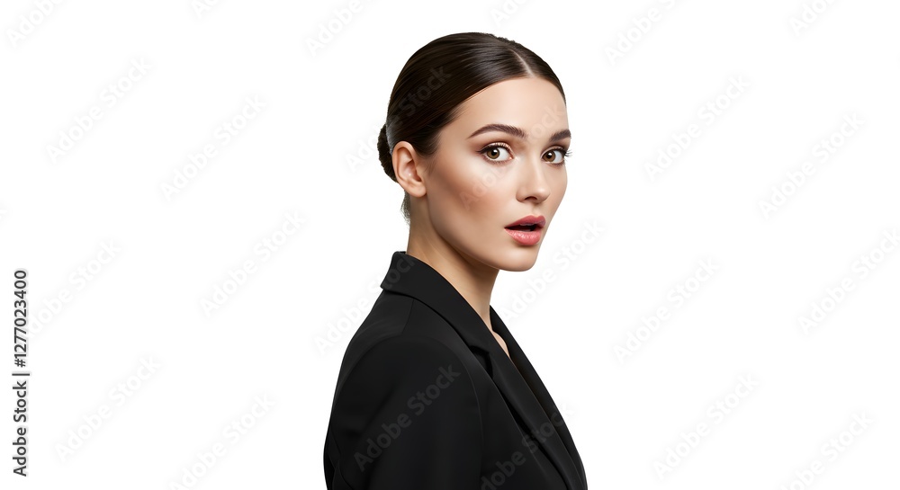 A beautiful happy woman wearing a full business suit, surprised face, isolated on a white background, side copy space A beautiful happy woman wearing a full business suit, surprised face, isolated on a white background, side copy space
