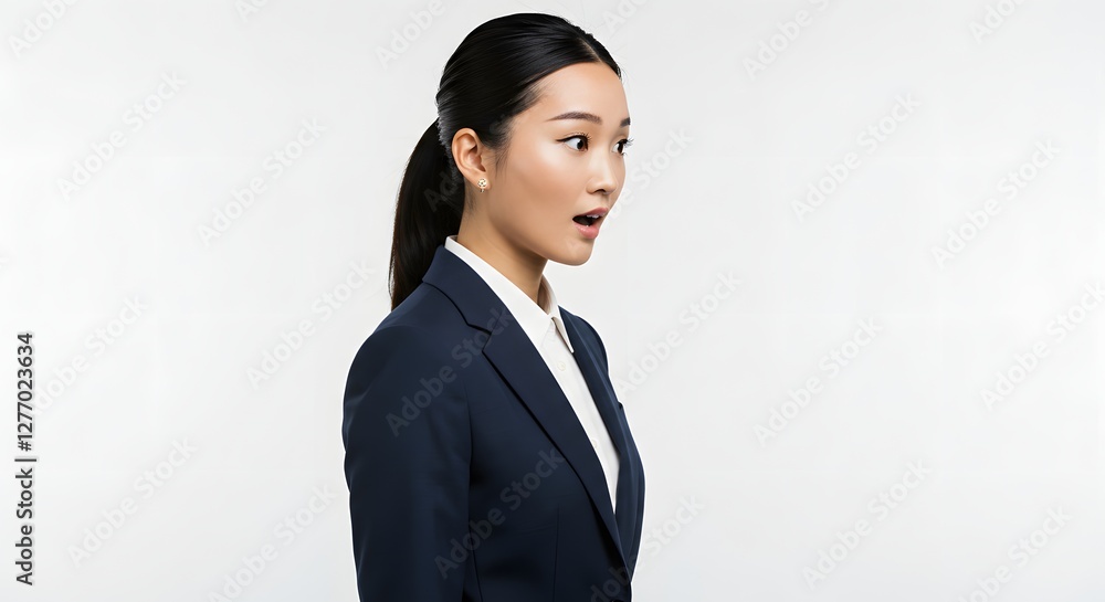 A beautiful happy woman wearing a full business suit, surprised face, isolated on a white background, side copy space A beautiful happy woman wearing a full business suit, surprised face, isolated on a white background, side copy space