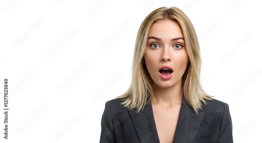 A beautiful happy woman wearing a full business suit, surprised face, isolated on a white background, side copy space A beautiful happy woman wearing a full business suit, surprised face, isolated on a white background, side copy space