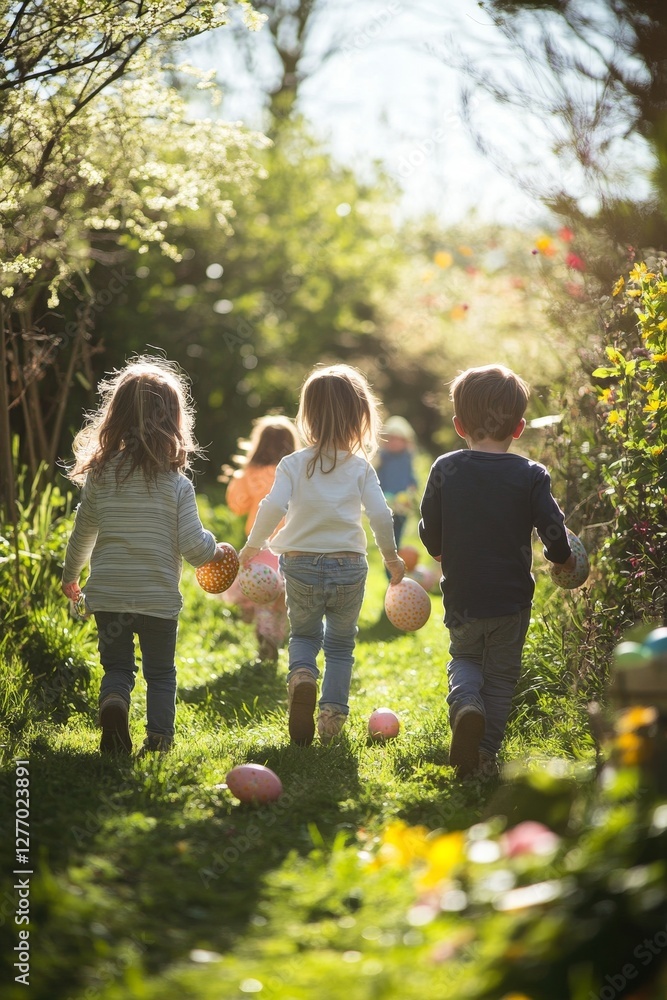Fototapeta premium Children participating in an Easter egg hunt in a sunny garden