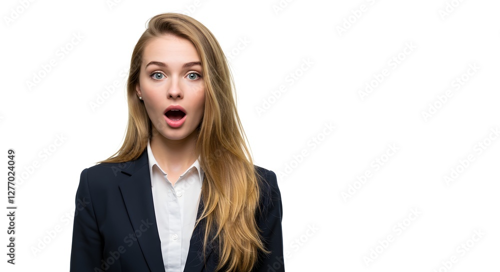 A beautiful happy woman wearing a full business suit, surprised face, isolated on a white background, side copy space A beautiful happy woman wearing a full business suit, surprised face, isolated on a white background, side copy space