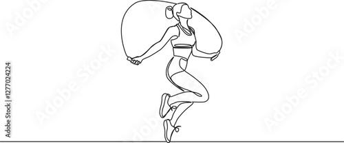 continuous single line drawing of fit woman skipping rope, line art vector illustration