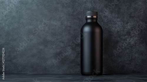 A minimalist black bottle positioned against a textured dark backdrop, emphasizing elegance and simplicity in product photography with a modern touch.