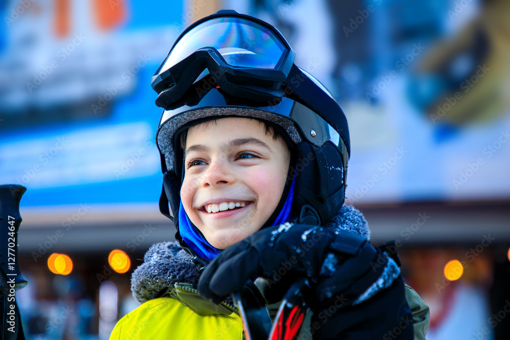 Portrait of little boy in ski equipment at ski resort