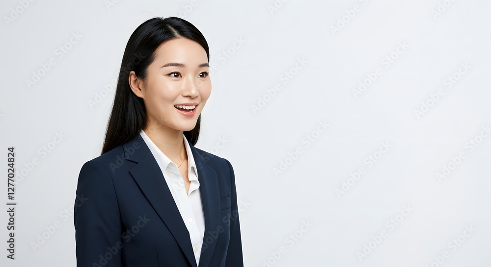 A beautiful happy woman wearing a full business suit, surprised face, isolated on a white background, side copy space