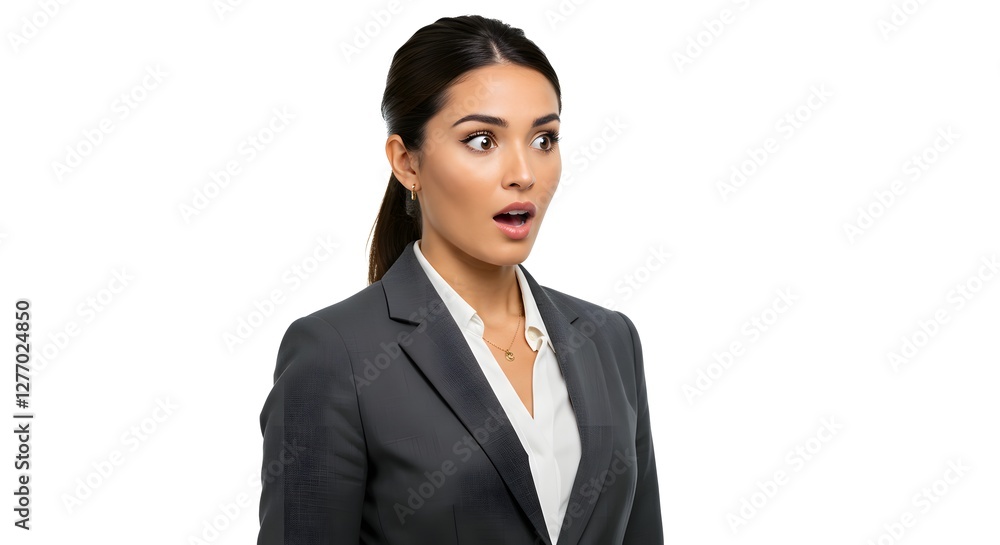 A beautiful happy woman wearing a full business suit, surprised face, isolated on a white background, side copy space A beautiful happy woman wearing a full business suit, surprised face, isolated on a white background, side copy space
