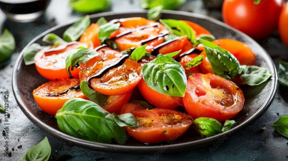 Fresh Sliced Tomatoes with Basil and Drizzle of Balsamic Vinegar Fresh Sliced Tomatoes with Basil and Drizzle of Balsamic Vinegar