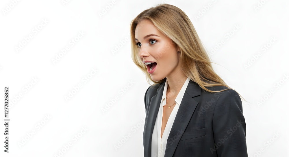 A beautiful happy woman wearing a full business suit, surprised face, isolated on a white background, side copy space A beautiful happy woman wearing a full business suit, surprised face, isolated on a white background, side copy space