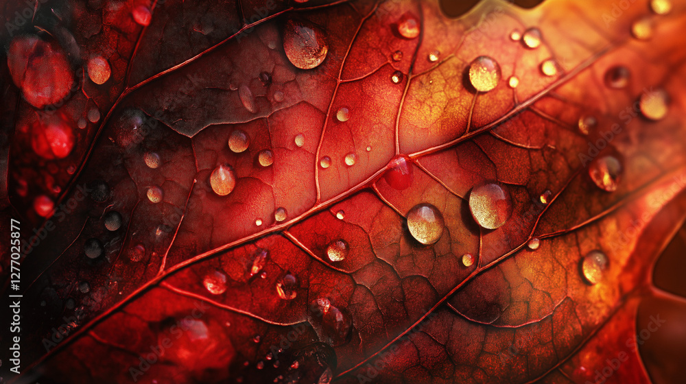 Fototapeta premium close up of red leaf with water drops