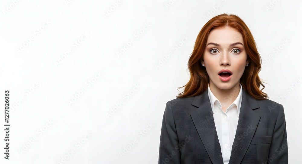 A beautiful happy woman wearing a full business suit, surprised face, isolated on a white background, side copy space A beautiful happy woman wearing a full business suit, surprised face, isolated on a white background, side copy space