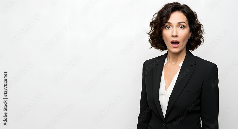 A beautiful happy woman wearing a full business suit, surprised face, isolated on a white background, side copy space A beautiful happy woman wearing a full business suit, surprised face, isolated on a white background, side copy space
