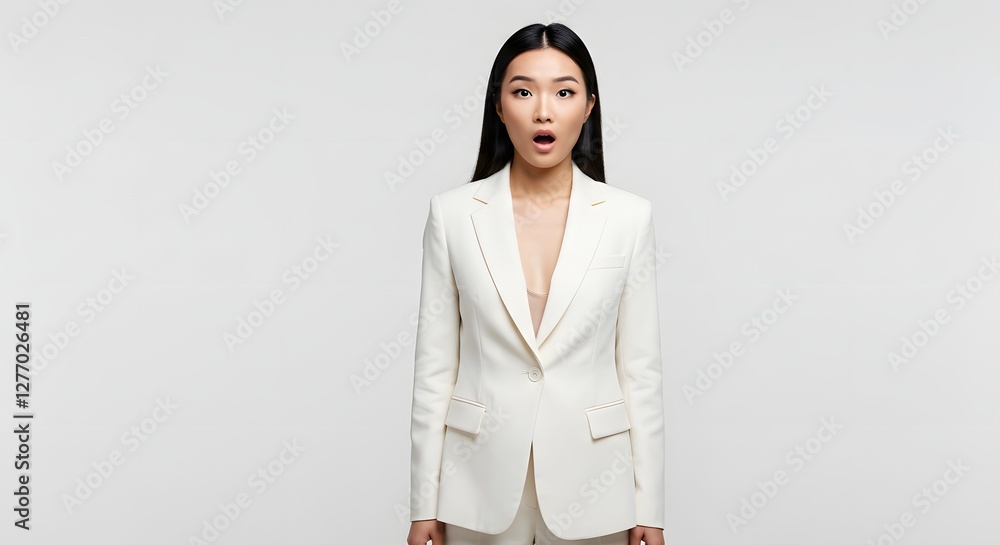 A beautiful happy woman wearing a full business suit, surprised face, isolated on a white background, side copy space A beautiful happy woman wearing a full business suit, surprised face, isolated on a white background, side copy space