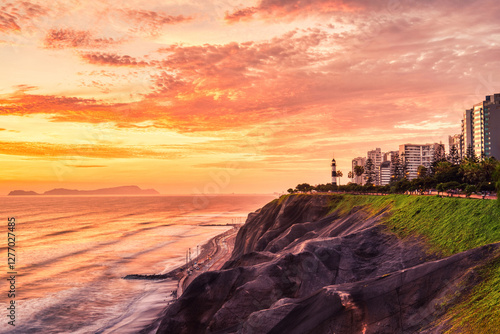 Cliffs on the Pacific Ocean Coast near Miraflores, Lima at Sunset