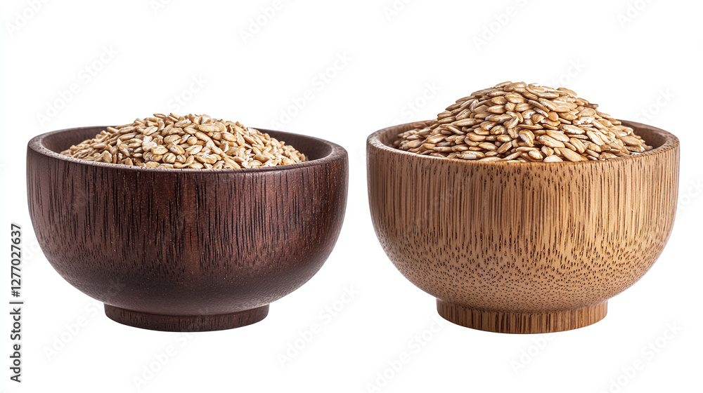 Oats grains in a wooden bowl collection, side and top view, isoalted on a white backgound. Oats grains in a wooden bowl collection, side and top view, isoalted on a white backgound.