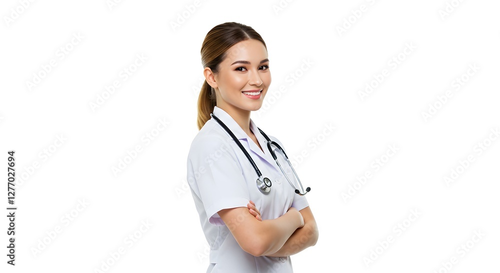 A beautiful happy female Doctor in medical uniform, full body, isolated on a white background, with copy space A beautiful happy female Doctor in medical uniform, full body, isolated on a white background, with copy space