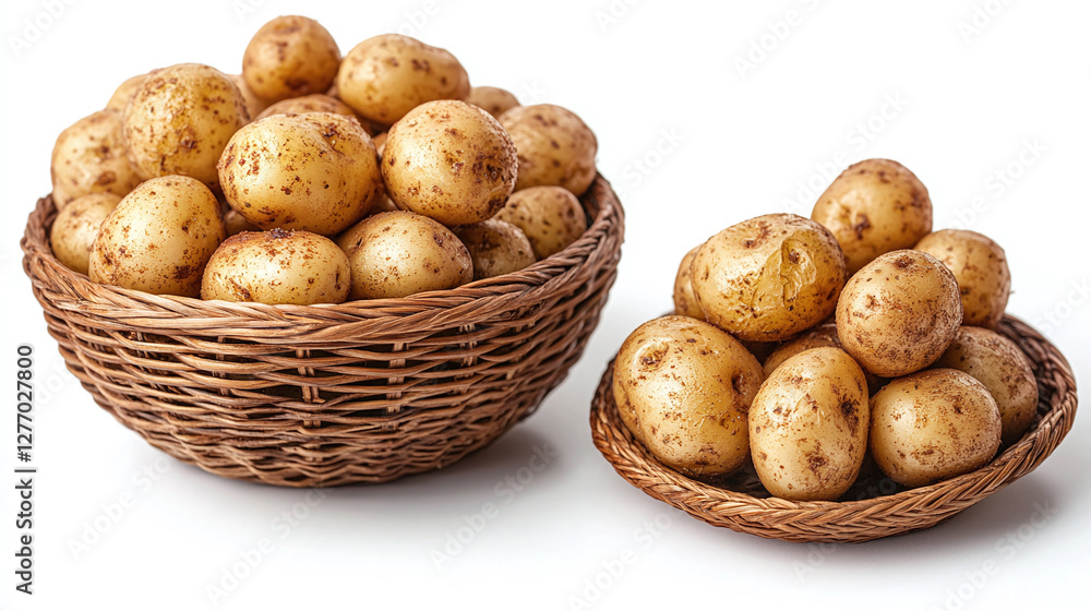Roasted potatoes on a plate bundle, side and top view, isolated on a white background, food collection. Roasted potatoes on a plate bundle, side and top view, isolated on a white background, food collection.