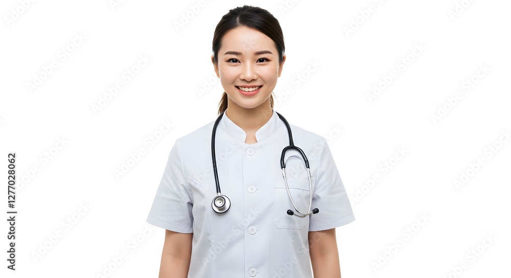 A beautiful happy female Doctor in medical uniform, full body, isolated on a white background, with copy space A beautiful happy female Doctor in medical uniform, full body, isolated on a white background, with copy space