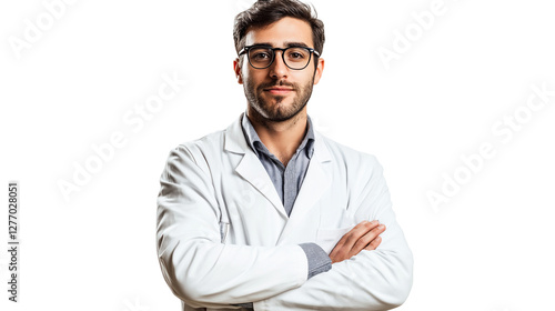 Pharmacist in a white lab coat, stylish glasses, exuding knowledge and trustworthiness photo