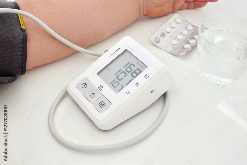 The tonometer shows high blood pressure, you need to take a pill. The tonometer shows high blood pressure, you need to take a pill.