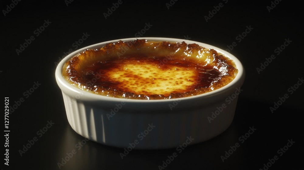Creamy caramel custard dessert in ramekin, dark background, studio shot, food photography Creamy caramel custard dessert in ramekin, dark background, studio shot, food photography