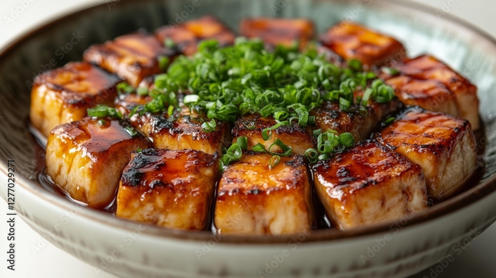 Grilled Tofu in Sauce with Green Onions. Generative AI Grilled Tofu in Sauce with Green Onions. Generative AI