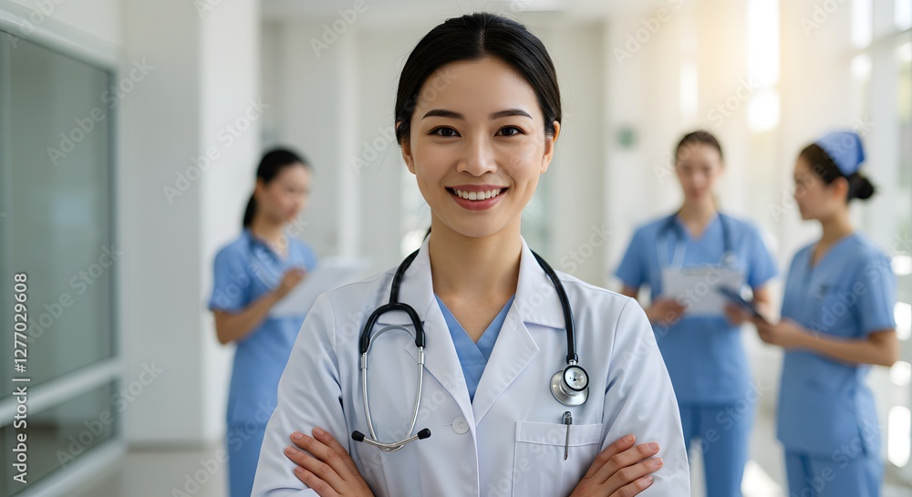 A beautiful happy female doctor in medical uniform, in a hospital with other nurses, with a little bit of blurred background with side copy space, with background sunshine A beautiful happy female doctor in medical uniform, in a hospital with other nurses, with a little bit of blurred background with side copy space, with background sunshine