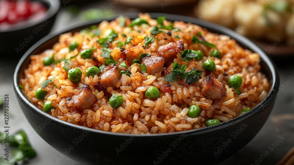 Fried rice with peas pork and cilantro in a bowl. Generative AI Fried rice with peas pork and cilantro in a bowl. Generative AI