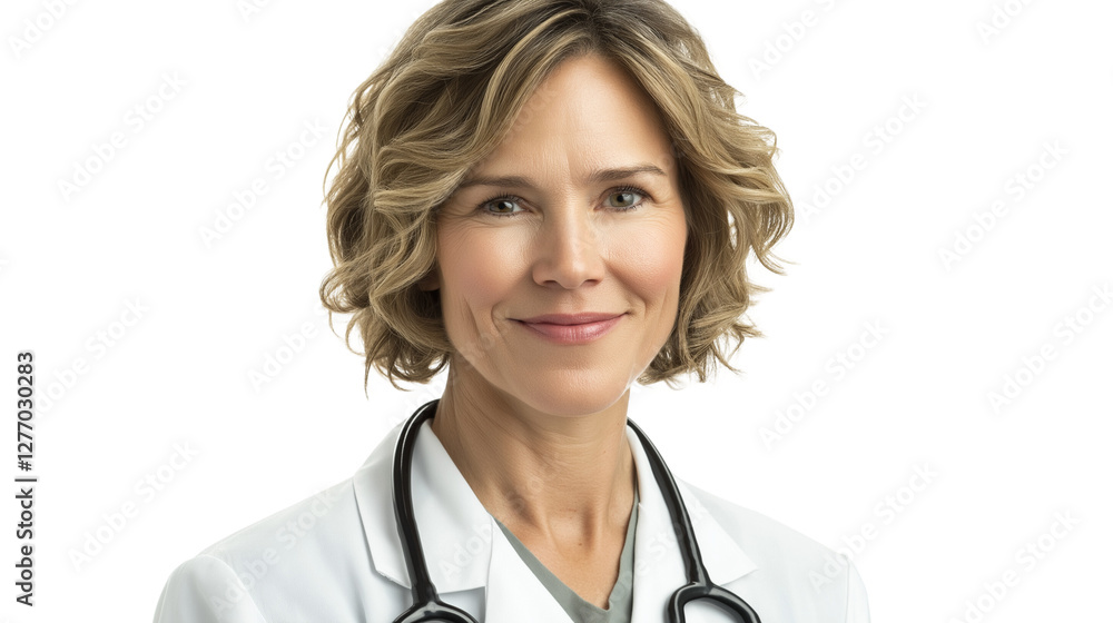 Portrait of a smiling female doctor, short wavy blonde hair, wearing a white lab coat with a stethoscope, looking directly at the camera, transparent background