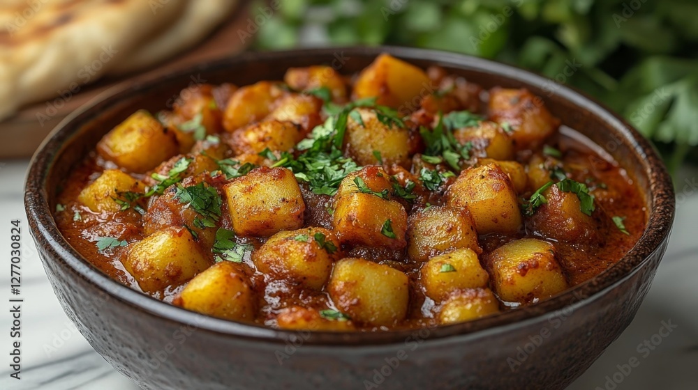 Vibrant Spicy Potato Curry Served in a Bowl with Garnished Herbs. Generative AI Vibrant Spicy Potato Curry Served in a Bowl with Garnished Herbs. Generative AI