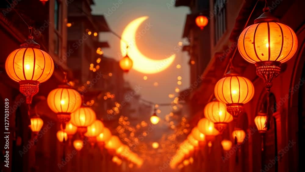 Glowing Lanterns Under Crescent Moon: A Nighttime Cityscape Glowing Lanterns Under Crescent Moon: A Nighttime Cityscape