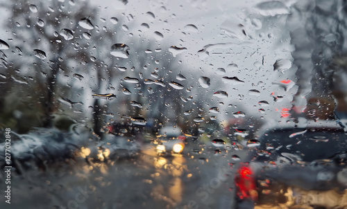 Melted snow and rain drops on the windshield of a car. Blurred outdoor view, winter season sleet as seen out of vehicle window.