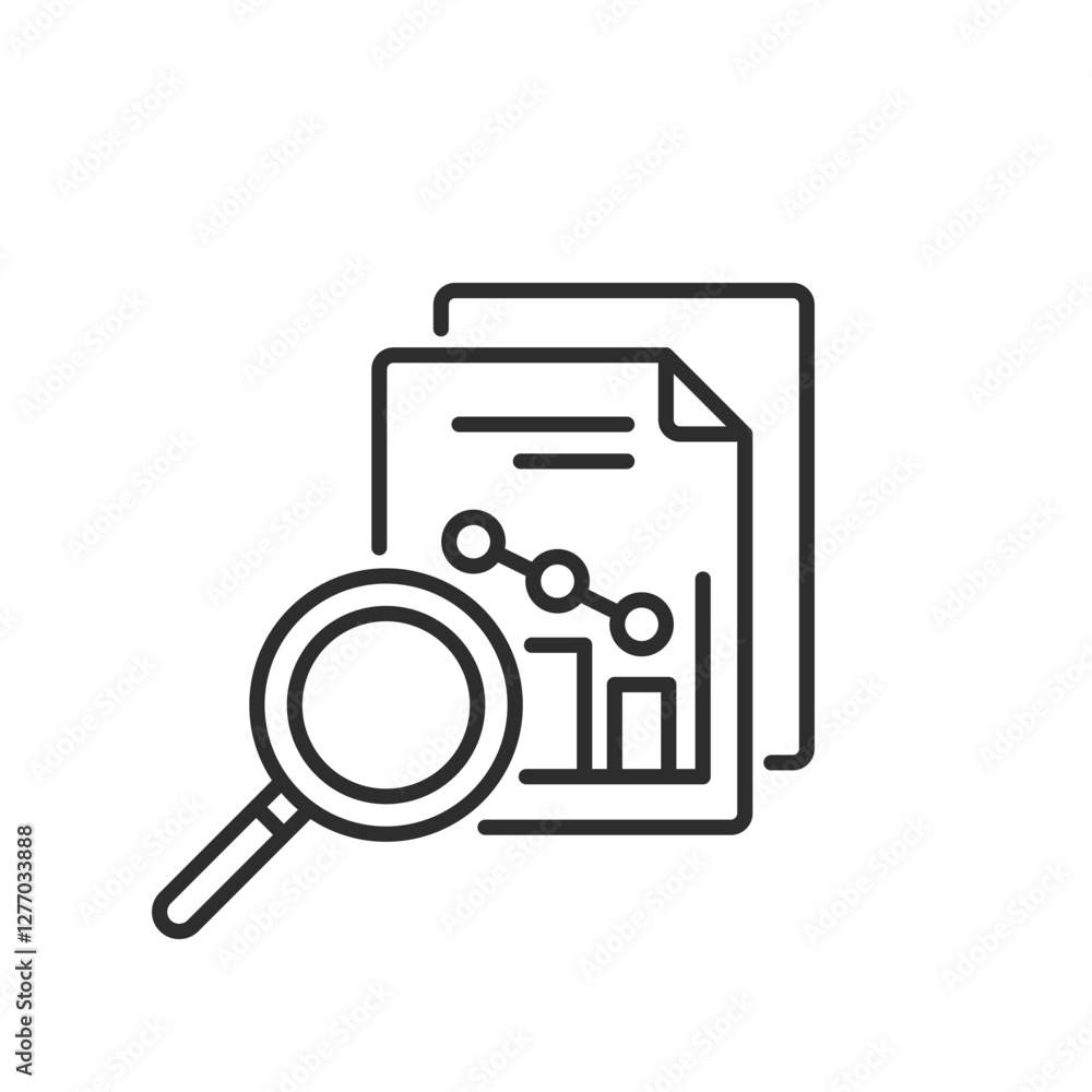 This icon represents data analysis, showing a magnifying glass over documents and charts, symbolizing a thorough exploration to uncover insights vital for informed decisionmaking This icon represents data analysis, showing a magnifying glass over documents and charts, symbolizing a thorough exploration to uncover insights vital for informed decisionmaking