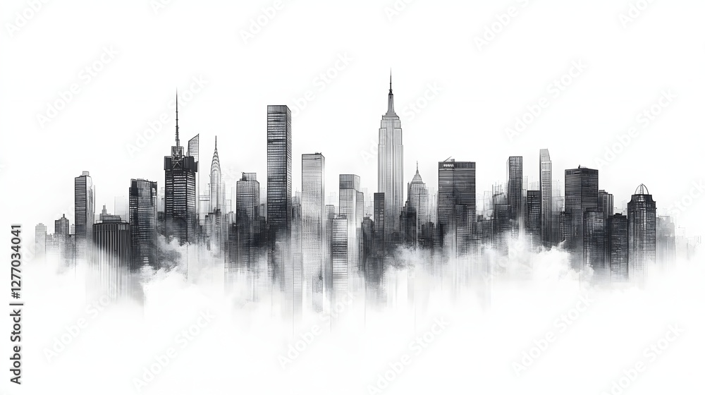 Naklejka premium Monochrome panorama showcases a city skyline silhouetted against a bright sky, blending architectural details.