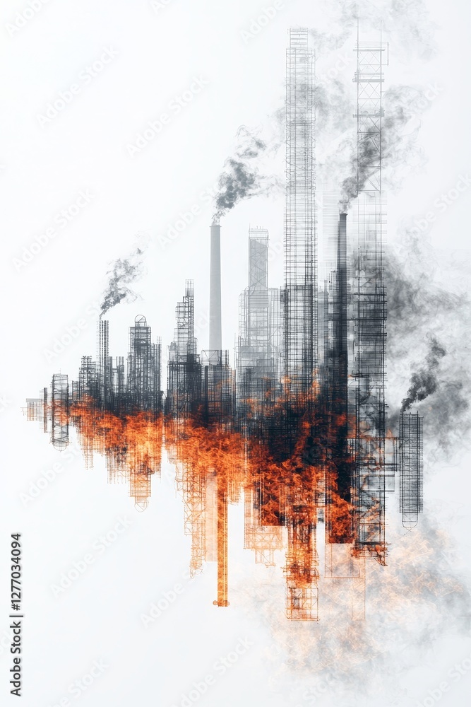 Obraz premium Industrial pollution impact on urban landscapes cityscape digital art smoky environment abstract viewpoint environmental awareness