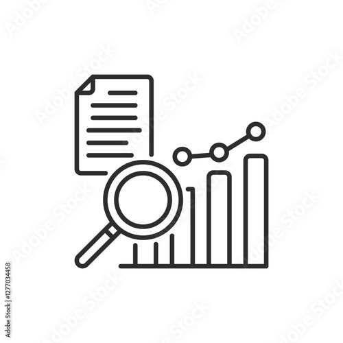 This minimalist line icon represents data analysis, featuring a magnifying glass, bar graph, and document, effectively illustrating key analytical processes used in various fields and industries