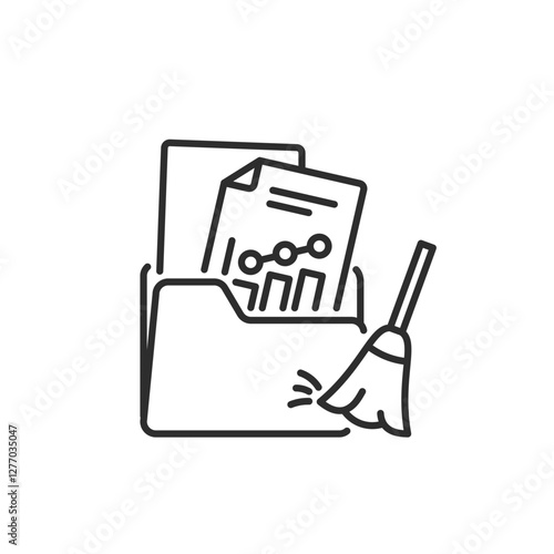 An outline icon depicting the concept of data analysis, which includes a folder filled with documents along with a broom, symbolizing the importance of thorough data organization and management
