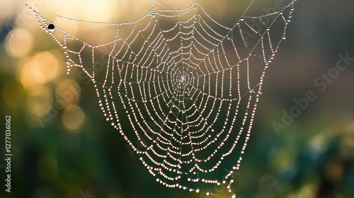 spider web with dew drops , trees in the garden 