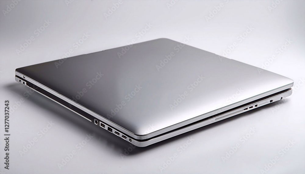 A modern silver laptop slightly opened on a glossy white surface A modern silver laptop slightly opened on a glossy white surface
